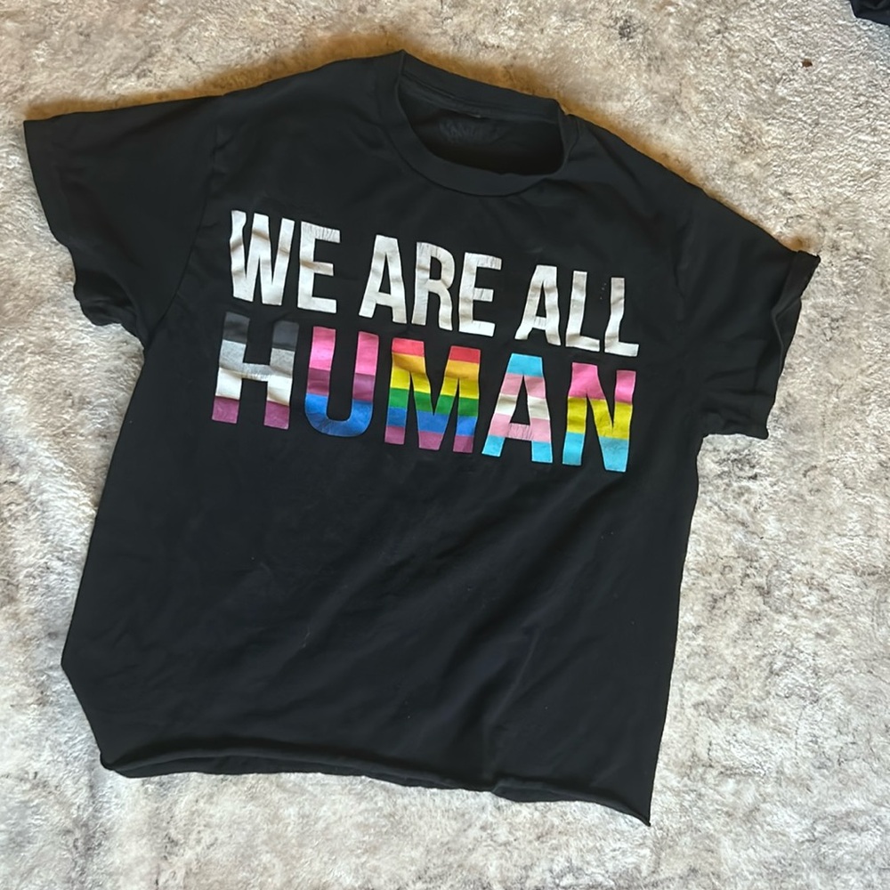 We Are All Human print, Spencer’s, black, Pride, short sleeved tee shirt.